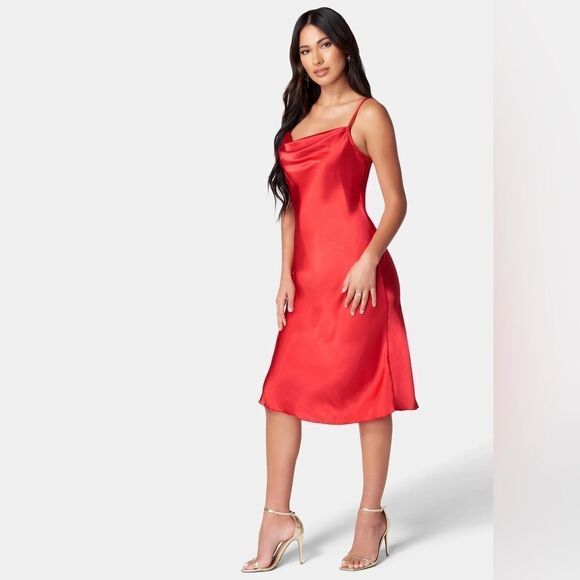 bebe Dresses & Skirts - Bebe red satin cowl neck slip midi dress